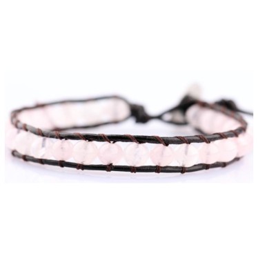Bracelet Quartz Rose Billes 4 mm & Cuir