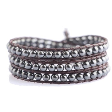 Bracelet Hématite Billes 4 mm & Cuir