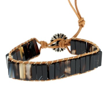 Bracelets Agate Noire Petits Cubes 4 x 13 mm et Cuir