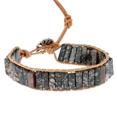 Bracelets Rhodonite de Madagascar Petits Cubes 4 x 13 mm et Cuir