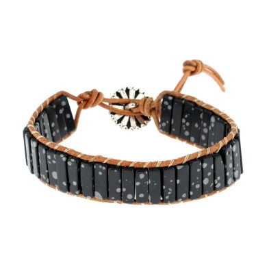 Bracelets Obsidienne Neige Petits Cubes 4 x 13 mm et Cuir