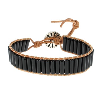 Bracelets Agate Noire Petits Tubes 4 x 13 mm et Cuir