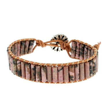 Bracelets Rhodonite de Madagascar Petits Tubes 4 x 13 mm et Cuir
