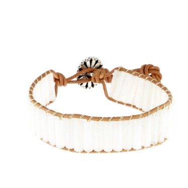 Bracelets Jade Blanc Petits Tubes 4 x 13 mm et Cuir
