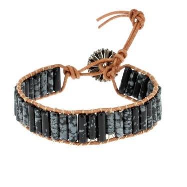 Bracelets Obsidienne Flocon de Neige Petits Tubes 4 x 13 mm et Cuir