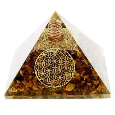 Œil de Tigre Pyramide Orgonite Fleur de Vie 7.5 cm