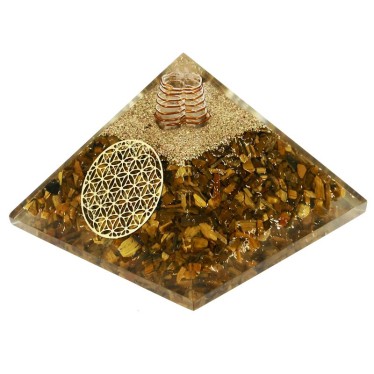 Œil de Tigre Pyramide Orgonite Fleur de Vie 7.5 cm