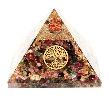 Tourmaline Multicolore Pyramide Orgonite Arbre de Vie 7.5 cm