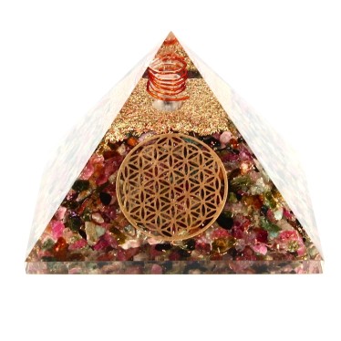 Tourmaline Multicolore Pyramide Orgonite Fleur de Vie 7.5 cm